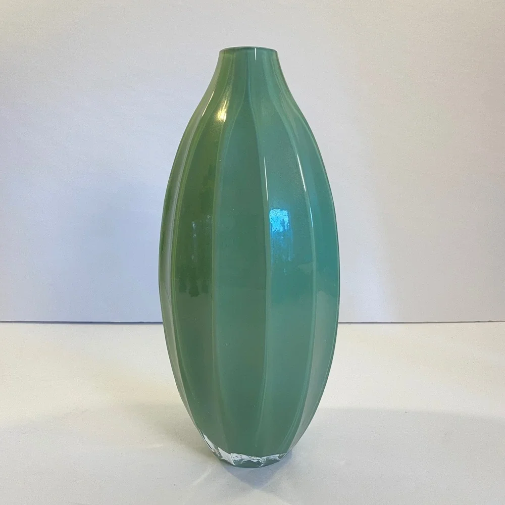 Vintage Jade Green Fluted Art Glass Bud Vase Organic Modern Deco Inspired 9.25